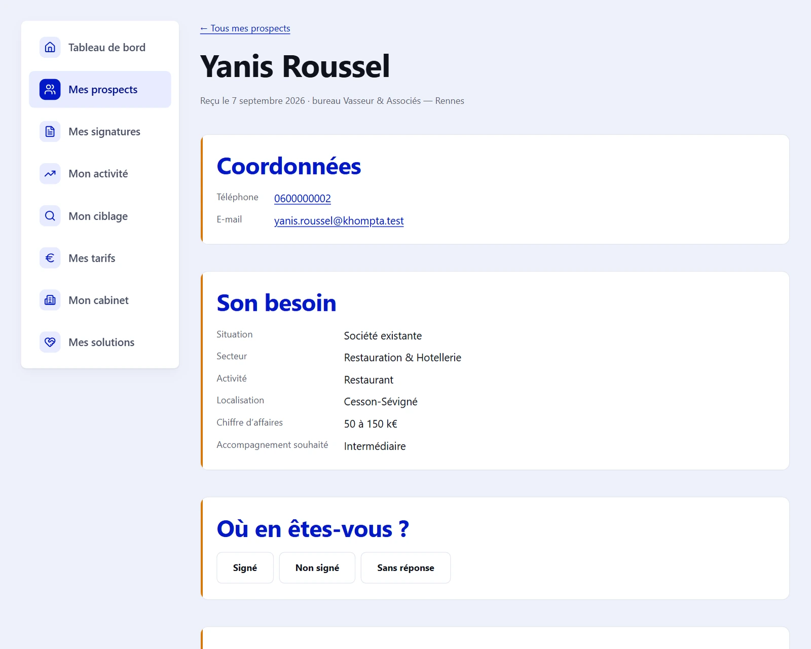 Fiche d’une demande reçue dans l’espace cabinet
