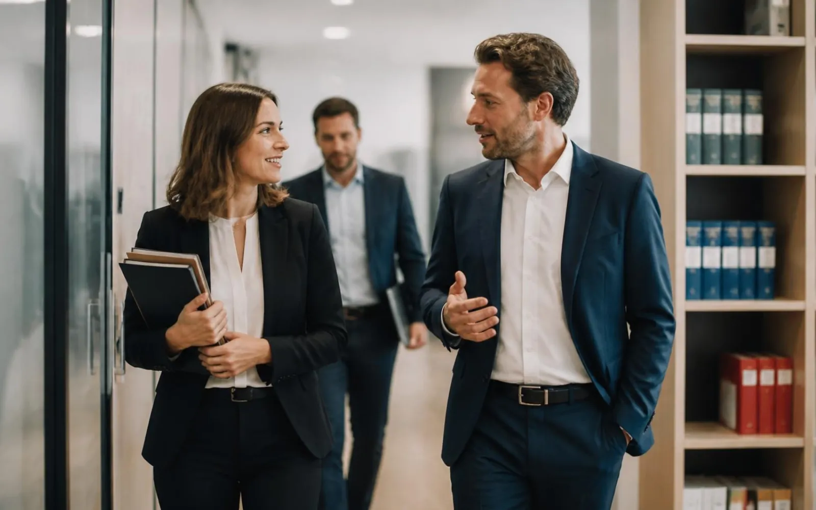 Trois collaborateurs d’un cabinet d’expertise comptable, en discussion dans un couloir