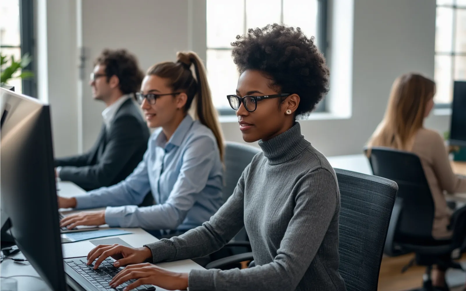Une équipe de cabinet au travail sur ordinateur, dans un bureau ouvert