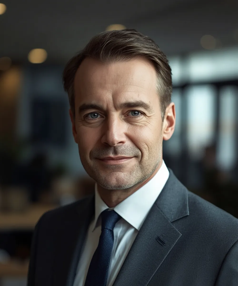 Portrait d’un dirigeant en veste, dans un bureau
