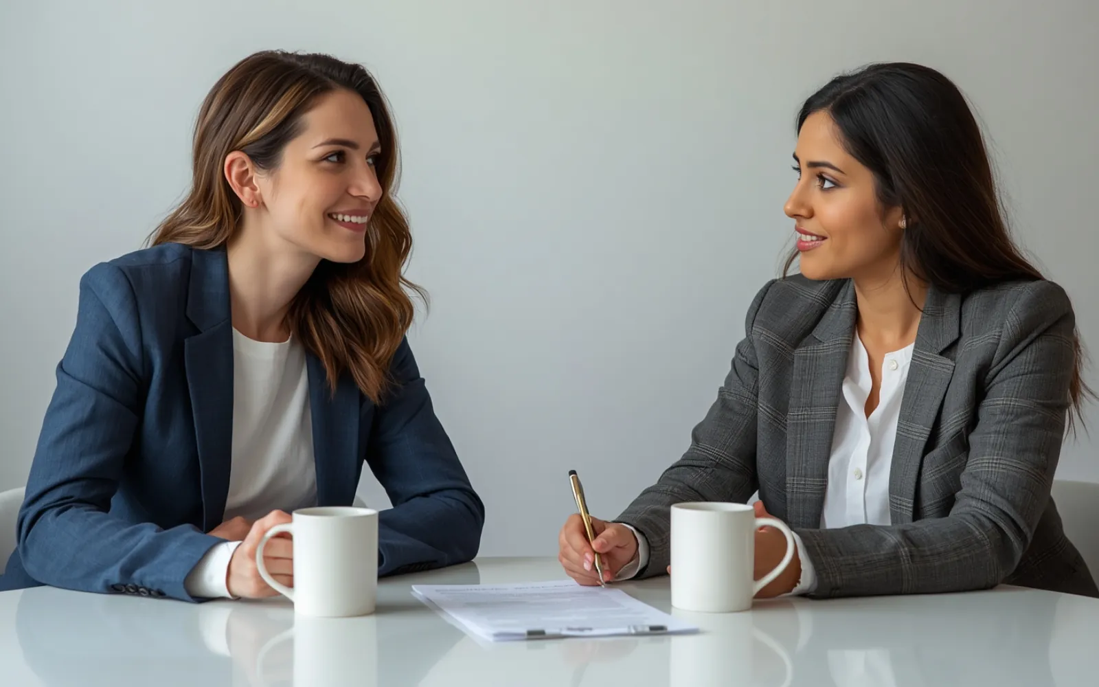 Deux personnes en rendez-vous autour d’une table, l’une signe un document